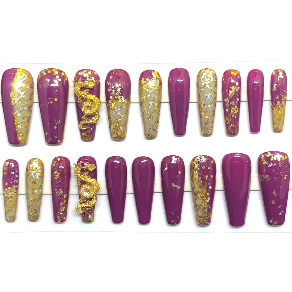 Custom Handmade Press On Nails Full Set Long Coffin Plum Purple Dragon Nails